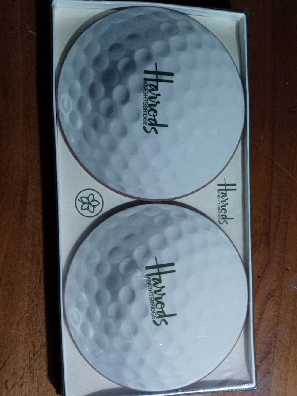 Harrods White Golf Ball Coaster Pair with Green Logo